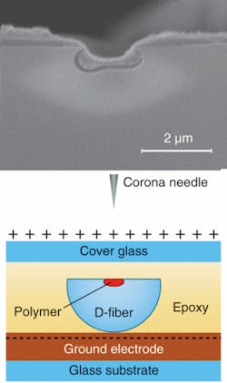 Shown in cross section, a D-shaped optical fiber with an elliptical core is etched on its flat side until the core is partially etched away (top). A film of EO polymer (fuzzy layer) is deposited on the resulting surface. After encapsulating in epoxy (bottom), the assembly is heated and the polymer layer “poled” by three corona needles brought close to the fiber (only one needle is shown). The epoxy encapsulation aids the poling process and could potentially be removed afterward. Shown in cross section, a D-shaped optical fiber with an elliptical core is etched on its flat side until the core is partially etched away (top). A film of EO polymer (fuzzy layer) is deposited on the resulting surface. After encapsulating in epoxy (bottom), the assembly is heated and the polymer layer “poled” by three corona needles brought close to the fiber (only one needle is shown). The epoxy encapsulation aids the poling process and could potentially be removed afterward.