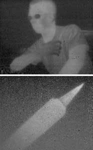 FIGURE 2. A thermal image of the human body (top) was produced by a QDIP focal-plane array operating at 130 K; a soldering iron (bottom) was imaged at 200 K. FIGURE 2. A thermal image of the human body (top) was produced by a QDIP focal-plane array operating at 130 K; a soldering iron (bottom) was imaged at 200 K.