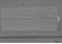FIGURE 5. The first edge-emitting photonic-crystal (PC) nanocavity laser featured a PC double heterostructure that formed the laser cavity and consisted of several segments of single-line-defect PC waveguides in triangular lattices. The devices were fabricated in a 220-nm-thick gallium arsenide membrane embedded with five layers of indium arsenide quantum dots as the active material. FIGURE 5. The first edge-emitting photonic-crystal (PC) nanocavity laser featured a PC double heterostructure that formed the laser cavity and consisted of several segments of single-line-defect PC waveguides in triangular lattices. The devices were fabricated in a 220-nm-thick gallium arsenide membrane embedded with five layers of indium arsenide quantum dots as the active material.