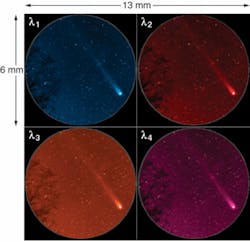 FIGURE 3. Each quadrant of the multispectral imager simultaneously images a different wavelength of a scene through the same optical system. In this case, the top quadrants represent on-band while the bottom quadrants are off-band. The difference between the two will provide positive confirmation of the existence of an expected constituent. The images are false colored. FIGURE 3. Each quadrant of the multispectral imager simultaneously images a different wavelength of a scene through the same optical system. In this case, the top quadrants represent on-band while the bottom quadrants are off-band. The difference between the two will provide positive confirmation of the existence of an expected constituent. The images are false colored.