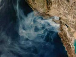 FIGURE 2. As it passed over Southern California at 3:10 p.m. on Oct. 24, 2007, NASA’s Terra satellite imaged the massive wildfires that devastated the area. FIGURE 2. As it passed over Southern California at 3:10 p.m. on Oct. 24, 2007, NASA’s Terra satellite imaged the massive wildfires that devastated the area.