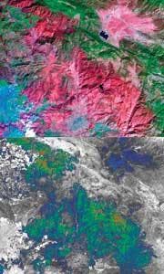FIGURE 3. This ASTER image shows the Witch Wildland Fire area after the fire, on Nov. 6, 2007. Vegetation is green, burned areas are dark red, and urban areas are blue (top). On the burn-severity-index image, calculated using infrared and visible bands, the red areas are the most severely burned, followed by green and blue (bottom).