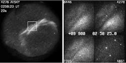 FIGURE 1. An aurora was imaged from the Sondrestrom Upper Atmospheric Research Facility with a traditional all-sky (fisheye) white-light imager (left) and the Simultaneous Multispectral Imager (right).