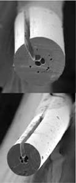 A three-hole (top) and five-hole (bottom) microstructured polymer optical fiber (shown in cross section) is slotted to allow direct liquid or gas sensing. The fiber diameter is approximately 140 µm. A three-hole (top) and five-hole (bottom) microstructured polymer optical fiber (shown in cross section) is slotted to allow direct liquid or gas sensing. The fiber diameter is approximately 140 µm.