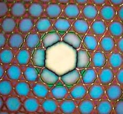 FIGURE 1. This SEM image shows the profile of the transmitted light through the Kagome-lattice hollow-core PCF. The fiber can accommodate broadband guidance in the core with a continuum of cladding modes without interaction. FIGURE 1. This SEM image shows the profile of the transmitted light through the Kagome-lattice hollow-core PCF. The fiber can accommodate broadband guidance in the core with a continuum of cladding modes without interaction.