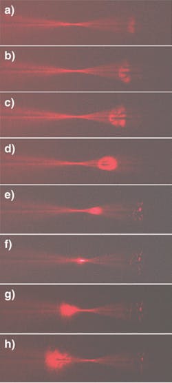 Eight frames from a continuously moving 3-D image of a femtosecond light pulse as it converges and diverges through a convex lens are captured using a new holographic recording technique. The movie shows the pulse as it converges (a-e), reaches a focus point (f), and then diverges (g-h); the time interval between frames is 15 ps.