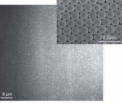 FIGURE 1. A colloidal SiO2/polystyrene crystal forms a two-dimensional microlens array on top of an InGaN QW LED structure, to more than double the extraction efficiency of the device. FIGURE 1. A colloidal SiO2/polystyrene crystal forms a two-dimensional microlens array on top of an InGaN QW LED structure, to more than double the extraction efficiency of the device.