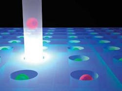 MIT researchers have developed a system for sorting cells that involves single-cell-size microwells in a silicone layer bonded to a microscope slide. Cells observed to have properties of interest are levitated out of their traps using the pressure of a beam of targeted light from a low-cost laser. A flowing fluid then sweeps the selected cells off to a separate reservoir.