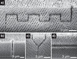Two-photon polymerization is used to create embedded structures within a three-dimensional photonic-crystal lattice structure. A final acid and ozone etching steps removes the polymer and silica colloids, and leaves complex structures (a), straight vertical cylinders (b), vertical “y” splitters (c), and planar cavities (d) within the cystal. Scale bars are 3 µm in length and the colloidal sphere diameters are around 725 nm in diameter. Two-photon polymerization is used to create embedded structures within a three-dimensional photonic-crystal lattice structure. A final acid and ozone etching steps removes the polymer and silica colloids, and leaves complex structures (a), straight vertical cylinders (b), vertical “y” splitters (c), and planar cavities (d) within the cystal. Scale bars are 3 µm in length and the colloidal sphere diameters are around 725 nm in diameter.