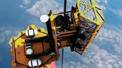 FIGURE 1. An artist’s rendering illustrates the concept of the space elevator, a platform powered by a ground-based laser-diode unit that climbs into space from Earth on a ribbon or tether. FIGURE 1. An artist’s rendering illustrates the concept of the space elevator, a platform powered by a ground-based laser-diode unit that climbs into space from Earth on a ribbon or tether.