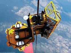 FIGURE 1. An artist’s rendering illustrates the concept of the space elevator, a platform powered by a ground-based laser-diode unit that climbs into space from Earth on a ribbon or tether. FIGURE 1. An artist’s rendering illustrates the concept of the space elevator, a platform powered by a ground-based laser-diode unit that climbs into space from Earth on a ribbon or tether.