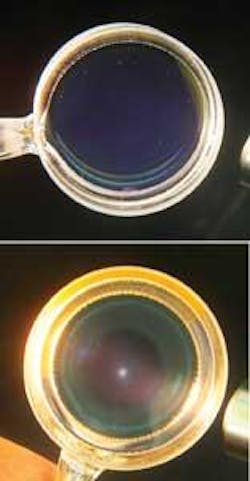A hydrocarbon-free potassium alkali laser with buffer gas pressure below 1 atmosphere emits at 770 nm and shows no carbon contamination at operating temperatures up 150ºC (top). A system containing ethane shows contamination at 120ºC (bottom). A hydrocarbon-free potassium alkali laser with buffer gas pressure below 1 atmosphere emits at 770 nm and shows no carbon contamination at operating temperatures up 150ºC (top). A system containing ethane shows contamination at 120ºC (bottom).
