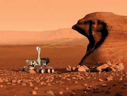 An artist rendering shows the rover planned for the NASA Mars Science Laboratory (MSL09) mission in 2010-2011 performing laser-induced breakdown spectroscopy (LIBS) using a lightweight, ruggedized system designed by Thales Laser. An artist rendering shows the rover planned for the NASA Mars Science Laboratory (MSL09) mission in 2010-2011 performing laser-induced breakdown spectroscopy (LIBS) using a lightweight, ruggedized system designed by Thales Laser.