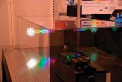 Coherent displayed its unique optically pumped semiconductor laser via a multiwatt four-color (460, 532, 577, and 635 nm) diode-laser display. Coherent displayed its unique optically pumped semiconductor laser via a multiwatt four-color (460, 532, 577, and 635 nm) diode-laser display.