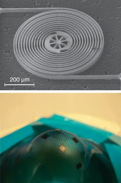 A scanning-electron micrograph shows a silicon island surrounded by coiled silicon wires (top). When the wires are uncoiled and attached to other silicon islands, the flexible array (bottom) can be used for large-area silicon-based applications including lower-cost solar cells and distributed sensor arrays.