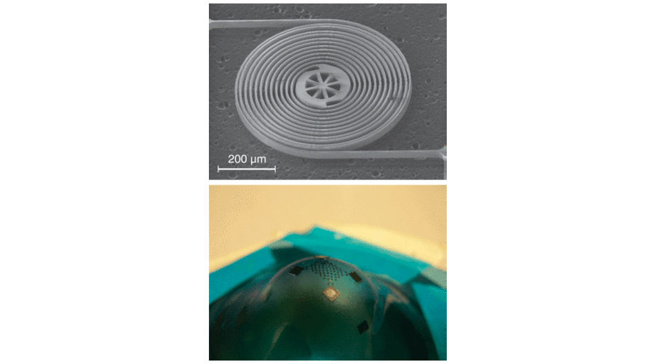 A scanning-electron micrograph shows a silicon island surrounded by coiled silicon wires (top). When the wires are uncoiled and attached to other silicon islands, the flexible array (bottom) can be used for large-area silicon-based applications including lower-cost solar cells and distributed sensor arrays.