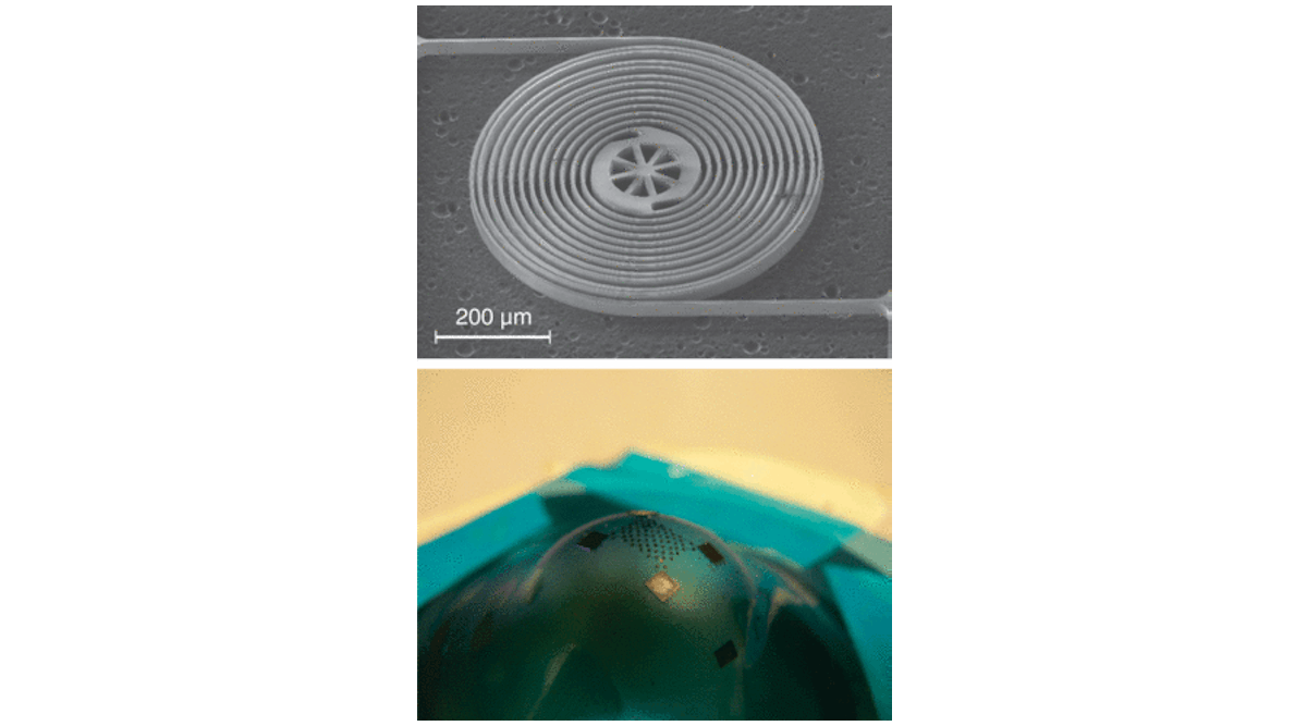 A scanning-electron micrograph shows a silicon island surrounded by coiled silicon wires (top). When the wires are uncoiled and attached to other silicon islands, the flexible array (bottom) can be used for large-area silicon-based applications including lower-cost solar cells and distributed sensor arrays.