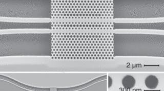 Scanning-electron micrographs of the directional coupler switch show two photonic-crystal waveguides composed of three regions: the central directional coupler region of length 5.2 &micro;m and the input and output regions (top). An overview image of the structure shows s-bends (bottom left) used to prevent interactions between the access waveguides and to provide sufficient spatial separation at the facets to observe each output port. The photonic-crystal portion of the coupler contains three different hole sizes (bottom right) to engineer the dispersion of the photonic-crystal waveguides.