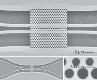Scanning-electron micrographs of the directional coupler switch show two photonic-crystal waveguides composed of three regions: the central directional coupler region of length 5.2 &micro;m and the input and output regions (top). An overview image of the structure shows s-bends (bottom left) used to prevent interactions between the access waveguides and to provide sufficient spatial separation at the facets to observe each output port. The photonic-crystal portion of the coupler contains three different hole sizes (bottom right) to engineer the dispersion of the photonic-crystal waveguides.