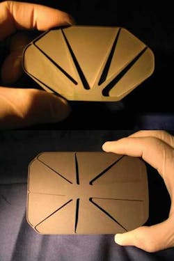 FIGURE 3. Optimized rib structure is evident in these light-weighted designs for 50 mm silicon carbide galvanometer scan mirrors. The x mirror (top image) is commonly smaller than the y mirror. In this case, the x mirror was also designed for faster scanning than the y mirror. FIGURE 3. Optimized rib structure is evident in these light-weighted designs for 50 mm silicon carbide galvanometer scan mirrors. The x mirror (top image) is commonly smaller than the y mirror. In this case, the x mirror was also designed for faster scanning than the y mirror.