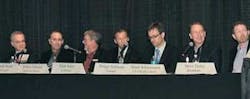 Panelists in the executive panel session at Photonics West 2008 are, from left, Ken Kaufmann of Hamamatsu, Randy Heyler of Newport, Robert Edmund of Edmund Optics, Mark Sobey of Coherent, Holger Schlueter of Trumpf, Stuart Schoenmann of CVI/Melles Griot, and Steve Turley of Bookham. Panelists in the executive panel session at Photonics West 2008 are, from left, Ken Kaufmann of Hamamatsu, Randy Heyler of Newport, Robert Edmund of Edmund Optics, Mark Sobey of Coherent, Holger Schlueter of Trumpf, Stuart Schoenmann of CVI/Melles Griot, and Steve Turley of Bookham.