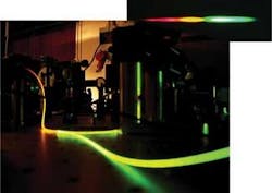 Femtosecond pulses traveling within microstructured fiber are generating a supercontinuum (inset). Femtosecond pulses traveling within microstructured fiber are generating a supercontinuum (inset).
