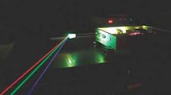 A Nd:YAG dual-wavelength oscillating laser with fundamental wavelengths at 1319 and 1064 nm is transformed into an RGB laser with oscillating emission of second-harmonic generated 660 nm (red) and 532 nm (green) light, as well as third-harmonic-generated 440 nm (blue) light from the 1319 nm fundamental wavelength. In effect, the quasi-white-light source is an oscillating RGB source.