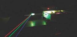 A Nd:YAG dual-wavelength oscillating laser with fundamental wavelengths at 1319 and 1064 nm is transformed into an RGB laser with oscillating emission of second-harmonic generated 660 nm (red) and 532 nm (green) light, as well as third-harmonic-generated 440 nm (blue) light from the 1319 nm fundamental wavelength. In effect, the quasi-white-light source is an oscillating RGB source. A Nd:YAG dual-wavelength oscillating laser with fundamental wavelengths at 1319 and 1064 nm is transformed into an RGB laser with oscillating emission of second-harmonic generated 660 nm (red) and 532 nm (green) light, as well as third-harmonic-generated 440 nm (blue) light from the 1319 nm fundamental wavelength. In effect, the quasi-white-light source is an oscillating RGB source.
