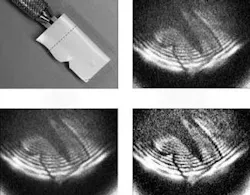 A commercially available infrared microbolometer camera images radiation from a 2.8 THz quantum-cascade laser to reveal metal obscured within opaque plastic tape (top left). A single-frame image (top right) and a computational average of 50 images (bottom left) can be further refined by image-processing software to remove noise and produce a clearer image (bottom right).
