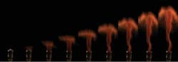 FIGURE 1. A nine-frame image sequence shows the explosive discharge of spores from Sphagnum moss recorded at 10,000 fps, thanks to the capabilities of modern high-speed digital cameras. FIGURE 1. A nine-frame image sequence shows the explosive discharge of spores from Sphagnum moss recorded at 10,000 fps, thanks to the capabilities of modern high-speed digital cameras.