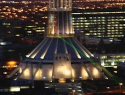 A 50 mW analog modulated green laser links the Anglican and Catholic cathedrals in Liverpool, England, as part of the European City of Culture 2008. The laser will carry audio between the two buildings as well as being a visible link between the two faiths.