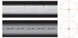 FIGURE 1. Side and face images of the twisted fiber show single- (top) and double-helix (bottom) gratings. FIGURE 1. Side and face images of the twisted fiber show single- (top) and double-helix (bottom) gratings.