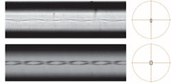 FIGURE 1. Side and face images of the twisted fiber show single- (top) and double-helix (bottom) gratings.