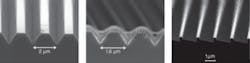 FIGURE 1. Scanning-electron-micrograph images show a scanning grating chip; the size of the grating area is typically limited to 3 × 3 mm² because of process and mechanical limitations. The grating moves with a speed between 130 to 150 Hz. FIGURE 1. Scanning-electron-micrograph images show a scanning grating chip; the size of the grating area is typically limited to 3 × 3 mm² because of process and mechanical limitations. The grating moves with a speed between 130 to 150 Hz.