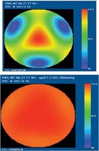 FIGURE 3. Pupil transmission will appear nonuniform if the crystal axes of the objective are misaligned (top). A lens with aligned crystal axes will demonstrate uniform pupil transmission (bottom). FIGURE 3. Pupil transmission will appear nonuniform if the crystal axes of the objective are misaligned (top). A lens with aligned crystal axes will demonstrate uniform pupil transmission (bottom).