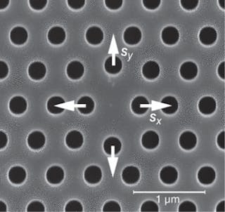 Four of the airholes in a hexagonal nanolattice in a GaInAsP single-quantum-well wafer are shifted -- two laterally by 60 nm (Sx) and two longitudinally by 120 nm (Sy). The result is a nanolaser cavity that achieves continuous-wave lasing in the 1550 nm region when pumped by light at 980 nm. As the refractive index of the surrounding gas or fluid changes, the wavelength of the nanolaser changes, allowing monitoring of the index.