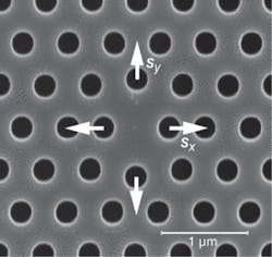 Four of the airholes in a hexagonal nanolattice in a GaInAsP single-quantum-well wafer are shifted -- two laterally by 60 nm (Sx) and two longitudinally by 120 nm (Sy). The result is a nanolaser cavity that achieves continuous-wave lasing in the 1550 nm region when pumped by light at 980 nm. As the refractive index of the surrounding gas or fluid changes, the wavelength of the nanolaser changes, allowing monitoring of the index. Four of the airholes in a hexagonal nanolattice in a GaInAsP single-quantum-well wafer are shifted -- two laterally by 60 nm (Sx) and two longitudinally by 120 nm (Sy). The result is a nanolaser cavity that achieves continuous-wave lasing in the 1550 nm region when pumped by light at 980 nm. As the refractive index of the surrounding gas or fluid changes, the wavelength of the nanolaser changes, allowing monitoring of the index.