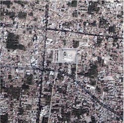 FIGURE 2. In a single-building classification of the damage level induced by an earthquake, the color of each dot represents the damage level as estimated by comparison of pre- and post-event images. FIGURE 2. In a single-building classification of the damage level induced by an earthquake, the color of each dot represents the damage level as estimated by comparison of pre- and post-event images.