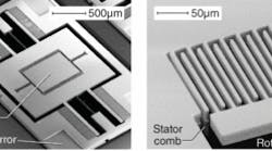 FIGURE 1. Scanning electron micrographs of the two-axis MEMS scanning micromirror show the mirror surface, torsion springs, gimbal structure, and bond pads for electrical connection (left) and, in a close-in view, the electrostatic actuation mechanism (right).