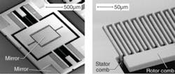 FIGURE 1. Scanning electron micrographs of the two-axis MEMS scanning micromirror show the mirror surface, torsion springs, gimbal structure, and bond pads for electrical connection (left) and, in a close-in view, the electrostatic actuation mechanism (right). FIGURE 1. Scanning electron micrographs of the two-axis MEMS scanning micromirror show the mirror surface, torsion springs, gimbal structure, and bond pads for electrical connection (left) and, in a close-in view, the electrostatic actuation mechanism (right).