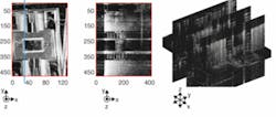 FIGURE 2. In the first test, a MEMS micromirror was imaged by our SS-OCT instrument. An en face view of micromirror was acquired at 10 million voxels/s (left). A tomographic cross-sectional view of the micromirror was captured at the position indicated by the blue line in the left image and is but one scan used in creating the en face image (center). Slice images were taken at different planes through the micromirror device (right). FIGURE 2. In the first test, a MEMS micromirror was imaged by our SS-OCT instrument. An en face view of micromirror was acquired at 10 million voxels/s (left). A tomographic cross-sectional view of the micromirror was captured at the position indicated by the blue line in the left image and is but one scan used in creating the en face image (center). Slice images were taken at different planes through the micromirror device (right).