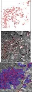FIGURE 3. Using SAR data obtained over Piemonte, a city in northwest Italy, researchers at the University of Pavia have developed algorithms that make it possible to extract specific road network information; the extracted road network alone (top), the extracted road network (in red) superimposed over the SAR image (center), the same road network, again superimposed over the urban area (marked in blue) but with the urban area also extracted using a unique algorithm (bottom). FIGURE 3. Using SAR data obtained over Piemonte, a city in northwest Italy, researchers at the University of Pavia have developed algorithms that make it possible to extract specific road network information; the extracted road network alone (top), the extracted road network (in red) superimposed over the SAR image (center), the same road network, again superimposed over the urban area (marked in blue) but with the urban area also extracted using a unique algorithm (bottom).