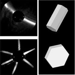 The scattering pattern of individual ice crystals (left) can be used to accurately identify the size and shape of a micron-size column and hexagonal platelet of ice (right). Such microscopic data, which was previously unattainable, can aid in understanding how clouds affect Earth’s climate. The scattering pattern of individual ice crystals (left) can be used to accurately identify the size and shape of a micron-size column and hexagonal platelet of ice (right). Such microscopic data, which was previously unattainable, can aid in understanding how clouds affect Earth’s climate.