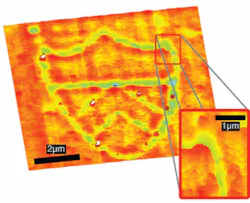 A 0.76-µm-diameter microsphere confined in a Bessel-beam optical trap is used to focus laser illumination at a 355 nm wavelength onto a polyimide substrate. As the substrate is translated, a 5-μm-wide Princeton University shield logo is written on the film directly under the trapped microsphere using overlapping pulses from the laser at a fluence of approximately 3 mJ/cm2. Surface features range from -30 to +10 nm.