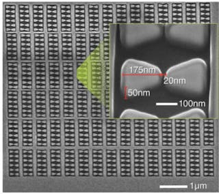 A nanoscale array of gold bowties on a 400-&mu;m-thick sapphire plate generates high harmonics from 10 fs, 800 nm ultrafast light pulses and flowing argon gas. The array contains 36 &times; 15 bow ties.
