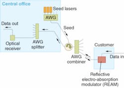 Each customer in a wavelength-division-multiplexed passive optical network has a R-EAM that allows individual uplinking of data at 10 Gbit/s.