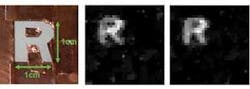 FIGURE 2. The object is imaged in white light (left). Terahertz images of the same object are reconstructed via compressed sensing with 300 measurements (center) and with 600 measurements (right). In both cases, the number of measurements is substantially smaller than the number of pixels in the image (1024). FIGURE 2. The object is imaged in white light (left). Terahertz images of the same object are reconstructed via compressed sensing with 300 measurements (center) and with 600 measurements (right). In both cases, the number of measurements is substantially smaller than the number of pixels in the image (1024).