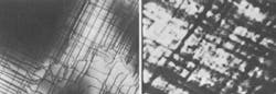 The photo on the right shows defects in MOCVD grown alloy arising from lattice mismatch to the substrate. Dark lines in the emission from the same area show the defects act to absorb light. The photo on the right shows defects in MOCVD grown alloy arising from lattice mismatch to the substrate. Dark lines in the emission from the same area show the defects act to absorb light.
