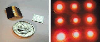 Microdischarge arrays are made in both flexible and rigid versions. A flexible array (top, at left) has a screen anode and is made up of 22 devices, each 50 &micro;m in diameter, fabricated on 50-&micro;m-thick nickel foil. A rigid array (top, at right) consists of eight 3 x 3 arrays of devices having silicon cathodes in the shape of inverted pyramids 50 x 50 &micro;m in cross-section. A flexible 3 x 3 microdischarge array filled with neon at 400 Torr pressure emits orange light (bottom). These microcavities are 150 &micro;m in diameter and have a center-to-center spacing of 300 &micro;m.