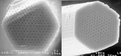 FIGURE 1. The first defect-free photonic-crystal fiber had an inter-hole spacing of approximately 2.5 µm (left). The first waveguiding fiber had a solid core with inter-hole spacing of 2.3 µm (right). FIGURE 1. The first defect-free photonic-crystal fiber had an inter-hole spacing of approximately 2.5 µm (left). The first waveguiding fiber had a solid core with inter-hole spacing of 2.3 µm (right).